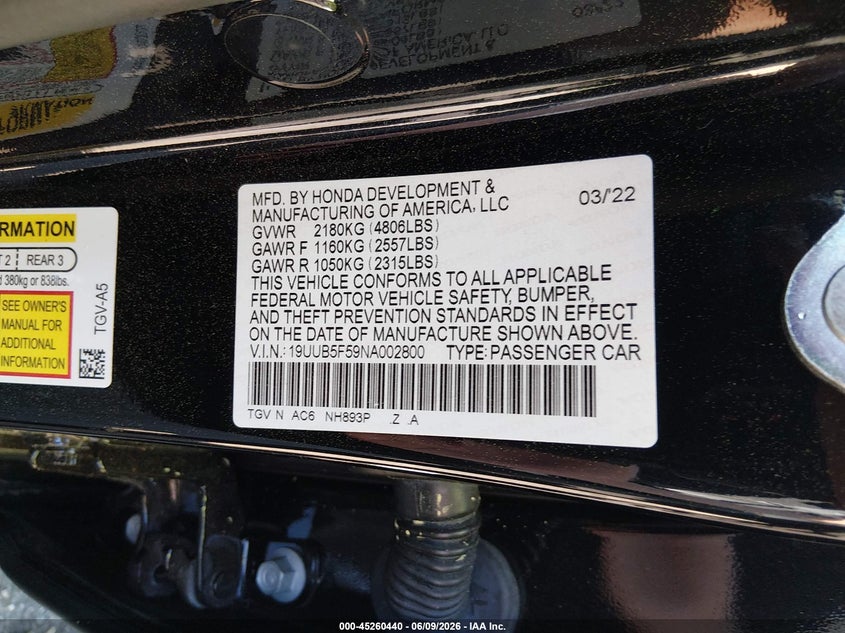 2022 Acura Tlx VIN 19UUB5F59NA002800 IAAI salvage auction — RIGHT SIDE, Salvage Title, sold $7,800 on 2026-07-28 (photo 9)