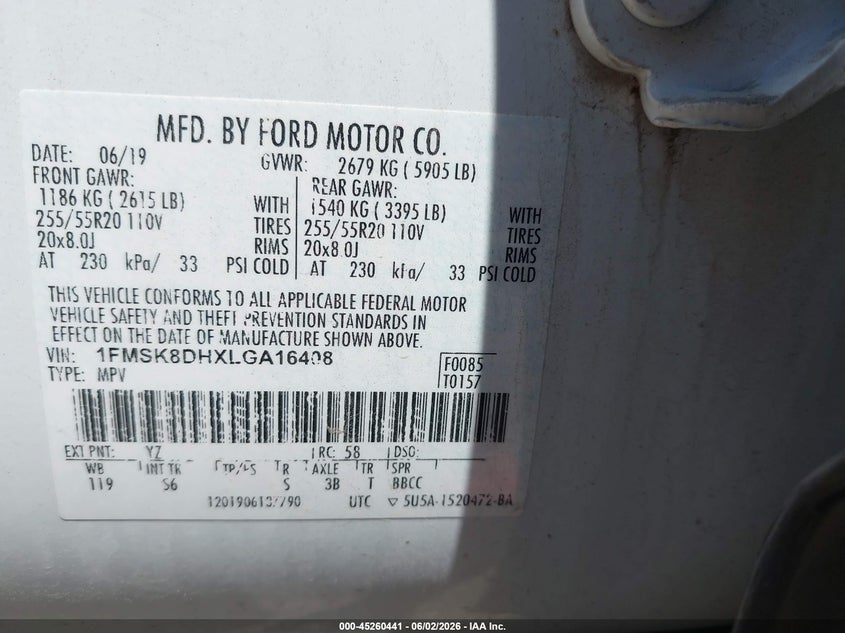 2020 Ford Explorer VIN 1FMSK8DHXLGA16408 IAAI salvage auction — HAIL, Salvage Title, sold $8,200 on 2026-07-29 (photo 9)