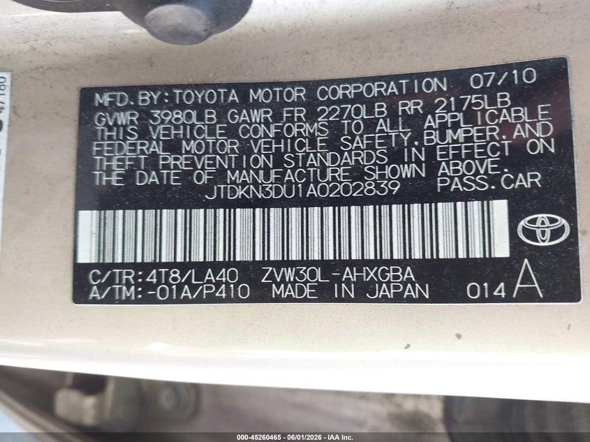 2010 Toyota Prius v VIN JTDKN3DU1A0202839 IAAI salvage auction — NORMAL WEAR, Salvage (California), sold $850 on 2026-07-20 (photo 9)