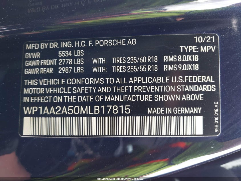 2021 Porsche Macan VIN WP1AA2A50MLB17815 IAAI salvage auction — LEFT SIDE, Salvage Title, sold $17,050 on 2026-07-08 (photo 9)