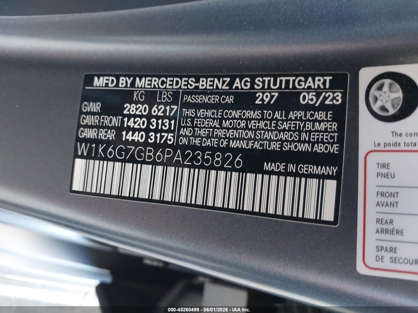 2023 Mercedes-benz VIN W1K6G7GB6PA235826 IAAI salvage auction — REAR END, Salvage Title, sold $52,750 on 2026-07-20 (photo 9)