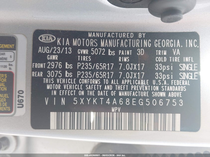 2014 Kia Sorento VIN 5XYKT4A68EG506753 IAAI salvage auction — LEFT SIDE, Salvage Title, sold $3,200 on 2026-07-29 (photo 9)