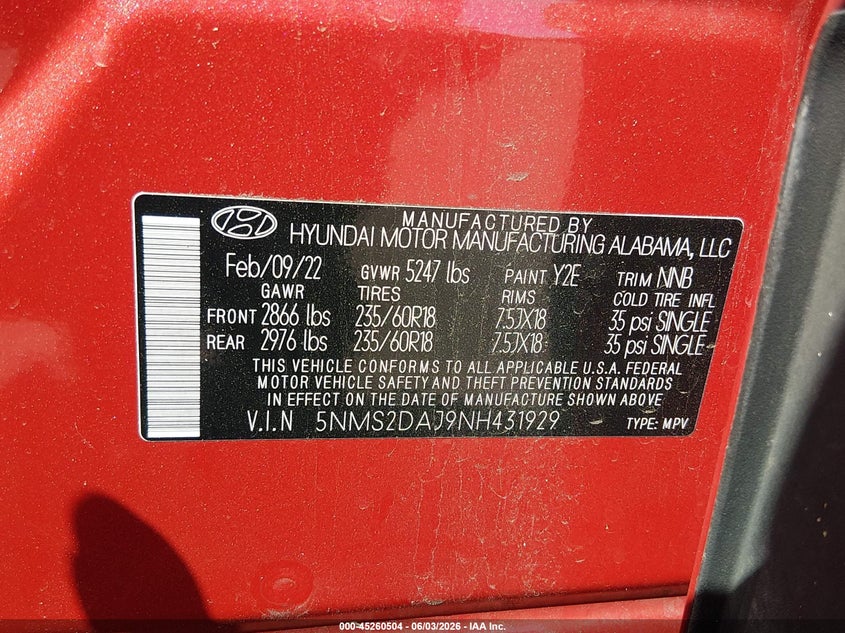 2022 Hyundai Santa fe VIN 5NMS2DAJ9NH431929 IAAI salvage auction — ROOF, Salvage (New Jersey), sold $7,400 on 2026-08-03 (photo 9)