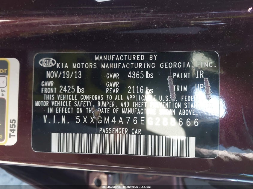 2014 Kia Optima VIN 5XXGM4A76EG288666 IAAI salvage auction — LEFT FRONT, Salvage Title, sold $400 on 2026-07-14 (photo 9)