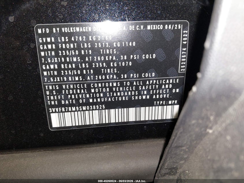 2025 Volkswagen Tiguan VIN 3VVFR7RM9SM038925 IAAI salvage auction — LEFT SIDE, Salvage (Arizona), sold $8,900 on 2026-07-28 (photo 9)