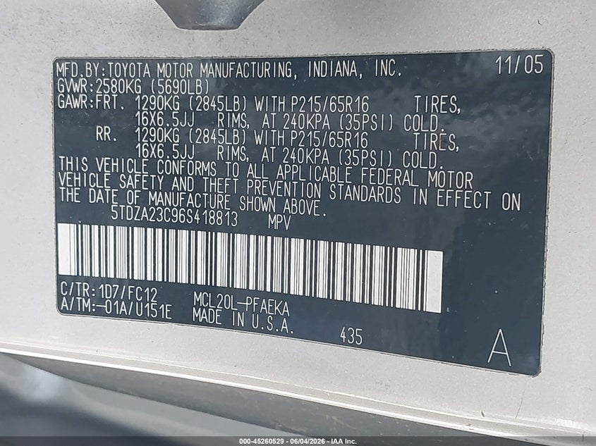 2006 Toyota Sienna VIN 5TDZA23C96S418813 IAAI salvage auction — NORMAL WEAR, Clear (New York), sold $1,175 on 2026-07-13 (photo 9)
