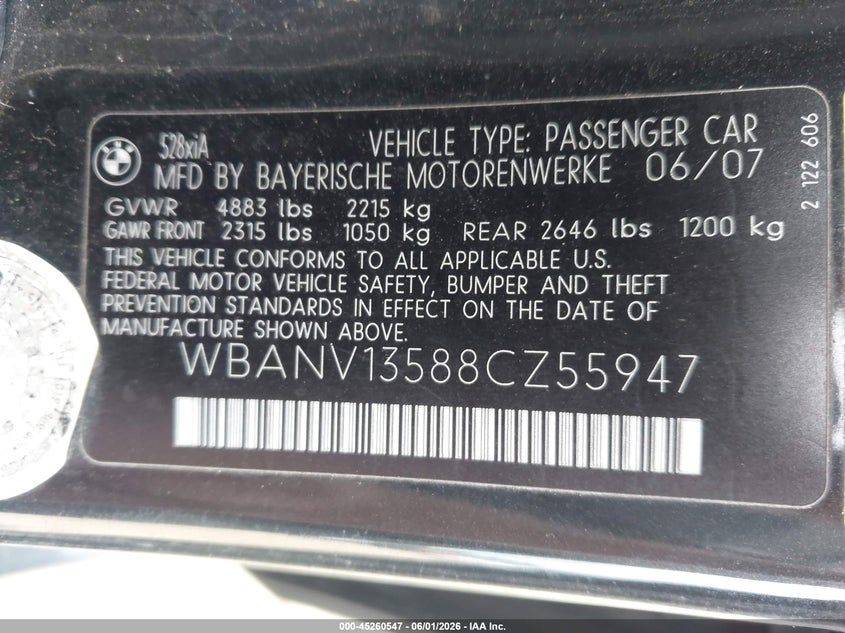 2008 BMW 5 series VIN WBANV13588CZ55947 IAAI salvage auction — NORMAL WEAR, Original (Ohio), sold $275 on 2026-07-29 (photo 9)