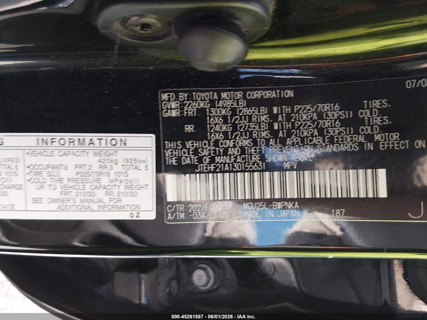 2003 Toyota Highlander VIN JTEHF21A130155631 IAAI salvage auction — FRONT END, Salvage - Greater Than 75% (Maryland), sold $350 on 2026-07-16 (photo 9)