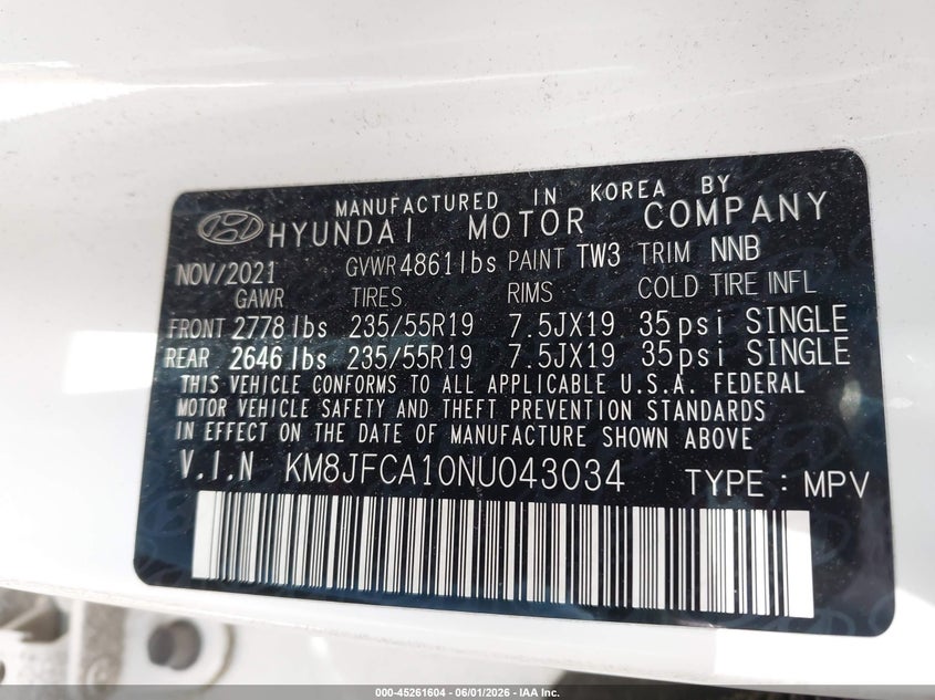 2022 Hyundai VIN KM8JFCA10NU043034 IAAI salvage auction — LEFT FRONT, Salvage Title, sold $8,075 on 2026-07-14 (photo 9)