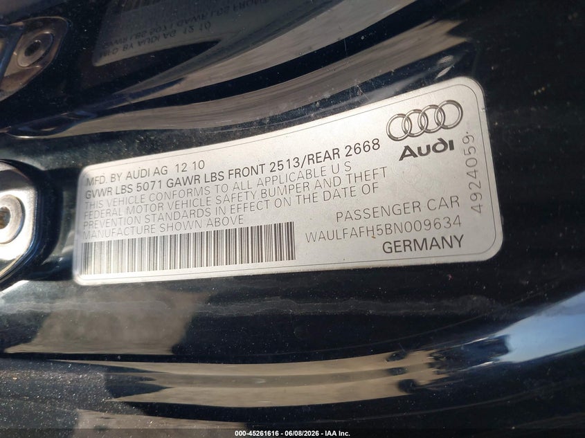 2011 Audi A5 VIN WAULFAFH5BN009634 IAAI salvage auction — NORMAL WEAR, Clear (New Jersey), sold $575 on 2026-07-13 (photo 9)