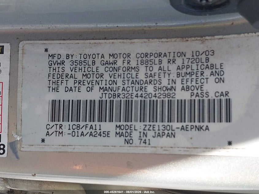 2004 Toyota Corolla VIN JTDBR32E442042982 IAAI salvage auction — REAR END, Salvage (Oregon), sold $75 on 2026-07-30 (photo 9)