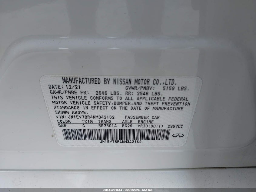 2022 Infiniti Q50 VIN JN1EV7BR4NM342162 IAAI salvage auction — SIDE, Salvage Title, sold $10,000 on 2026-07-07 (photo 9)