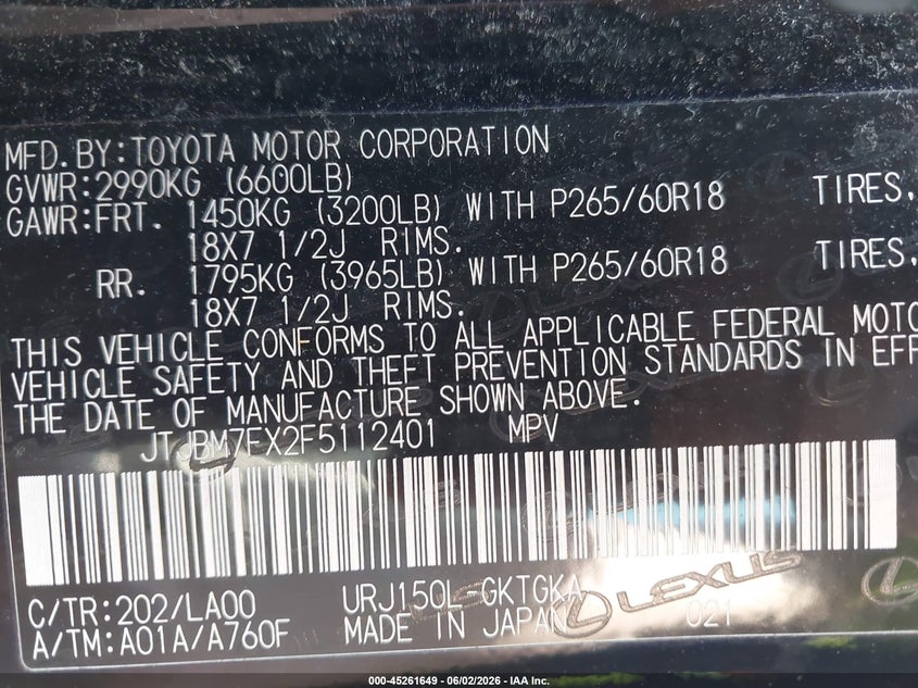 2015 Lexus Gx VIN JTJBM7FX2F5112401 IAAI salvage auction — FRONT END, Salvage Title, sold $7,700 on 2026-07-29 (photo 9)