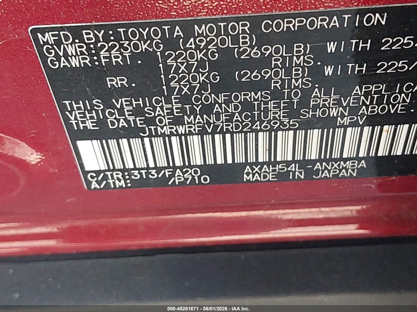2024 Toyota VIN JTMRWRFV7RD246935 IAAI salvage auction — REAR END, Salvage Title, sold $10,950 on 2026-07-16 (photo 9)
