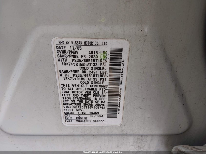 2006 Nissan Murano VIN JN8AZ08T96W405762 IAAI salvage auction — FRONT END, Clear (Tennessee), sold $225 on 2026-07-09 (photo 9)