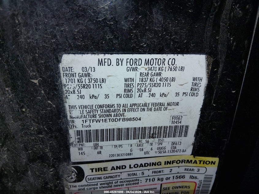 2013 Ford F-150 VIN 1FTFW1ET0DFB98504 IAAI salvage auction — RIGHT FRONT, Salvage Title, sold $1,600 on 2026-07-10 (photo 9)