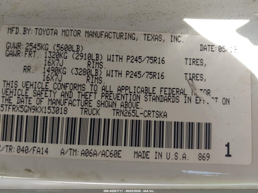 2019 Toyota Tacoma VIN 5TFRX5GN9KX153018 IAAI salvage auction — FRONT & REAR, Clear (Florida), sold $3,600 on 2026-07-15 (photo 9)