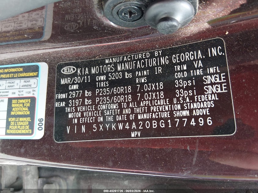 2011 Kia Sorento VIN 5XYKW4A20BG177496 IAAI salvage auction — NORMAL WEAR, Clear (Alabama), sold $1,200 on 2026-07-16 (photo 9)
