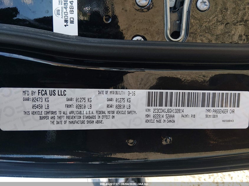 2016 Dodge Charger VIN 2C3CDXGJ6GH132814 IAAI salvage auction — SIDE, Salvage Title, sold $11,200 on 2026-07-31 (photo 9)