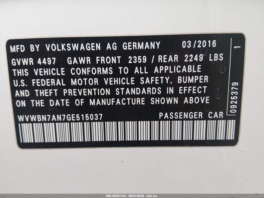 2016 Volkswagen VIN WVWBN7AN7GE515037 IAAI salvage auction — FRONT END, Salvage Title, sold $1,400 on 2026-07-15 (photo 9)