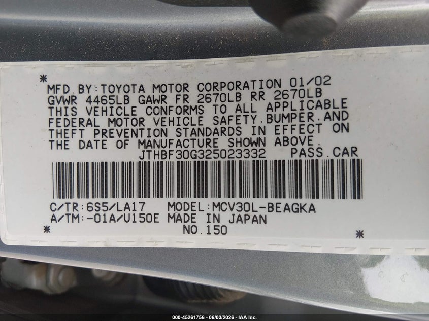 2002 Lexus ES VIN JTHBF30G325023332 IAAI salvage auction — RIGHT FRONT, Salvage (Texas), sold $25 on 2026-07-21 (photo 9)