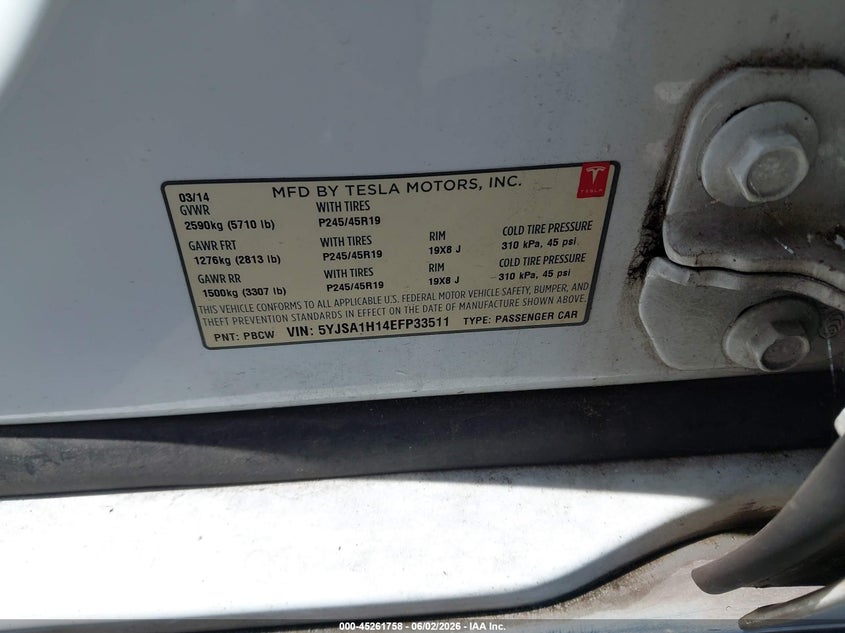 2014 Tesla Model s VIN 5YJSA1H14EFP33511 IAAI salvage auction — THEFT, Salvage (Oregon), sold $1,350 on 2026-07-28 (photo 9)