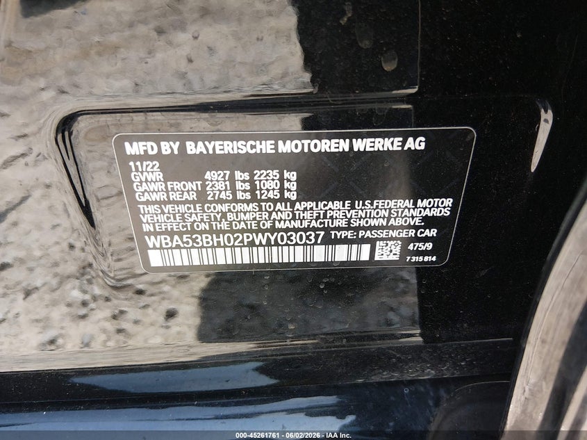2023 BMW 5er VIN WBA53BH02PWY03037 IAAI salvage auction — FRONT END, Salvage (Alabama), sold $12,600 on 2026-08-29 (photo 9)