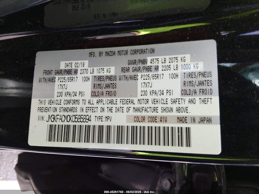 2019 Mazda Cx-5 VIN JM3KFACM0K0585894 IAAI salvage auction — ALL OVER, Salvage Title, sold $1,850 on 2026-07-26 (photo 9)