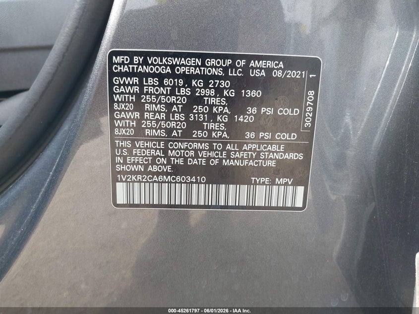 2021 Volkswagen Atlas VIN 1V2KR2CA6MC603410 IAAI salvage auction — RIGHT SIDE, Salvage (Ohio), sold $7,150 on 2026-07-30 (photo 9)