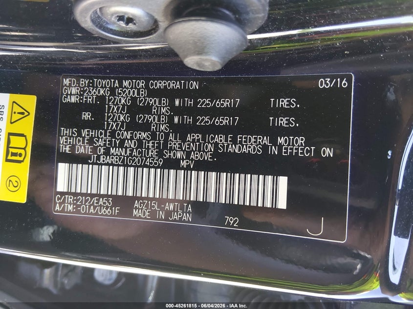 2016 Lexus Nx VIN JTJBARBZ1G2074559 IAAI salvage auction — RIGHT SIDE, Salvage Title, sold $2,600 on 2026-07-10 (photo 9)