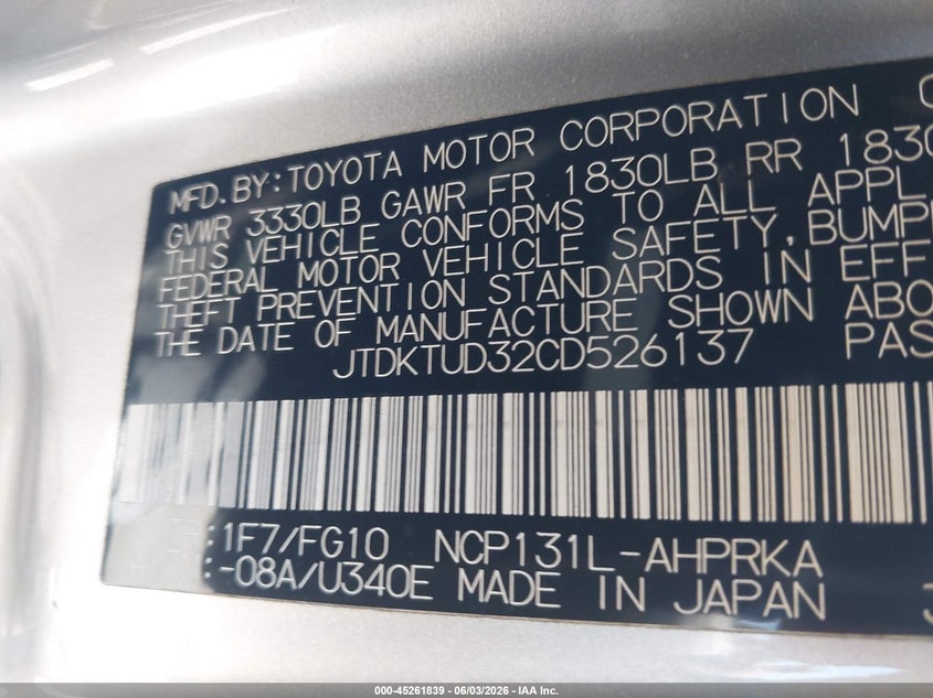 2012 Toyota Yaris VIN JTDKTUD32CD526137 IAAI salvage auction — RIGHT FRONT, Salvage Title, sold $1,750 on 2026-07-06 (photo 9)