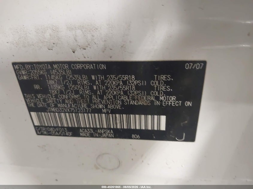2007 Toyota Rav4 VIN JTMBD32VX75123177 IAAI salvage auction — HAIL, Salvage (Iowa), sold $800 on 2026-07-28 (photo 9)