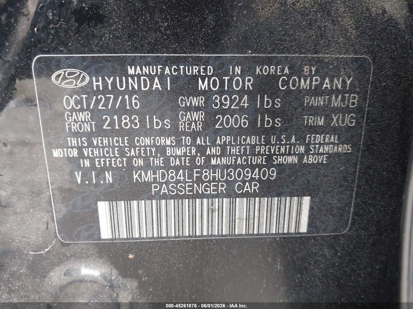 2017 Hyundai Elantra VIN KMHD84LF8HU309409 IAAI salvage auction — REAR END, Salvage Title, sold $1,600 on 2026-07-20 (photo 9)