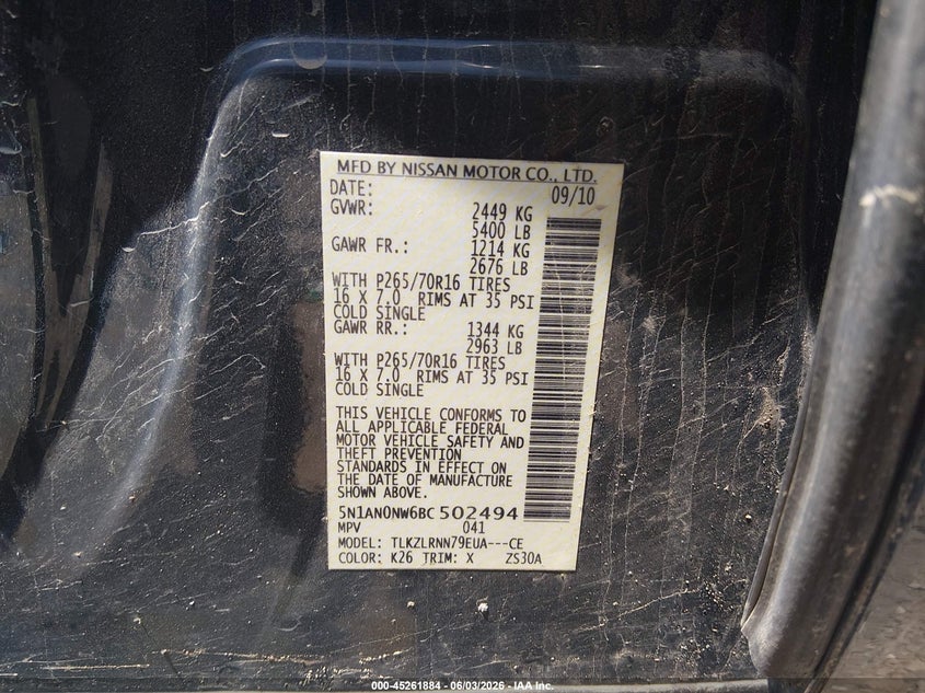 2011 Nissan Xterra VIN 5N1AN0NW6BC502494 IAAI salvage auction — FRONT END, Salvage (Ohio), sold $575 on 2026-07-12 (photo 9)