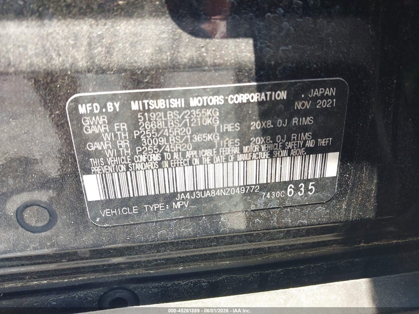 2022 Mitsubishi Outlander VIN JA4J3UA84NZ049772 IAAI salvage auction — LEFT FRONT, Salvage Title, sold $7,000 on 2026-07-09 (photo 9)