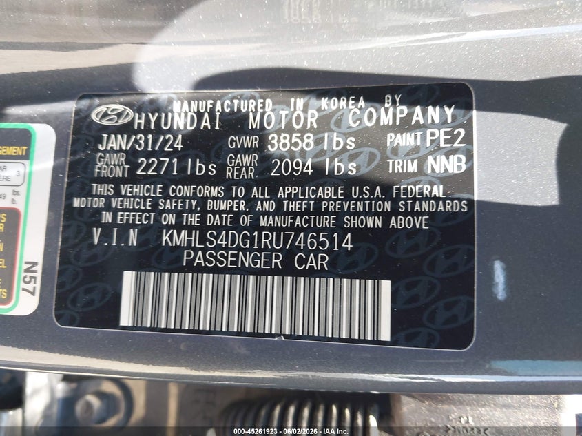 2024 Hyundai Elantra VIN KMHLS4DG1RU746514 IAAI salvage auction — FRONT END, Salvage Title, sold $5,450 on 2026-07-29 (photo 9)
