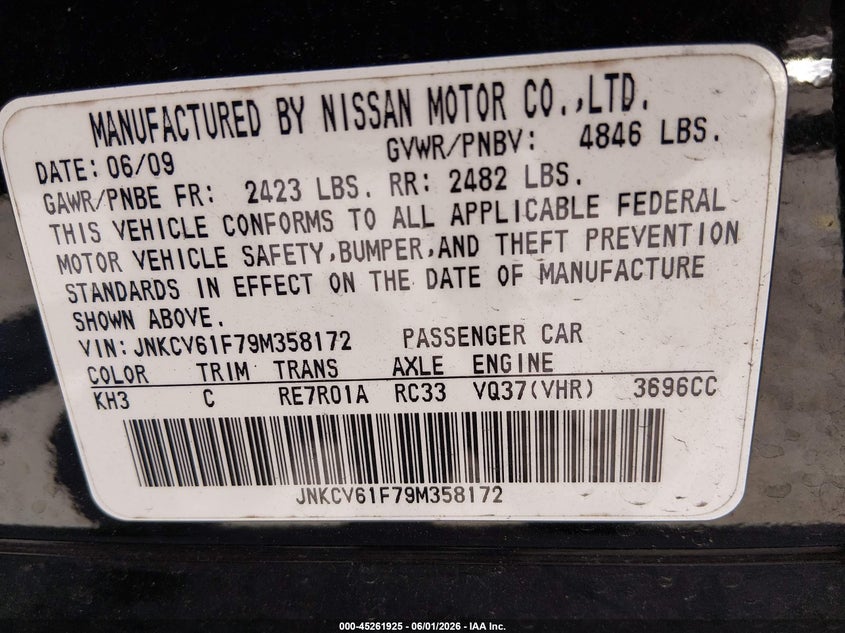 2009 Infiniti G37 VIN JNKCV61F79M358172 IAAI salvage auction — FRONT END, Salvage - Greater Than 75% (Maryland), sold $275 on 2026-07-16 (photo 9)