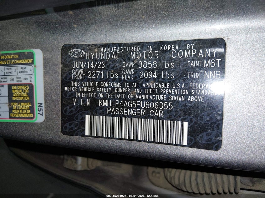 2023 Hyundai Elantra VIN KMHLP4AG5PU606355 IAAI salvage auction — RIGHT SIDE, Salvage (Arizona), sold $4,500 on 2026-07-28 (photo 9)
