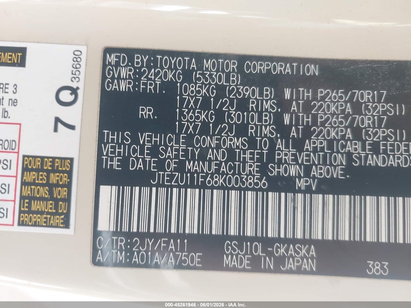 2008 Toyota Fj cruiser VIN JTEZU11F68K003856 IAAI salvage auction — FRONT END, Salvage (California), sold $3,800 on 2026-07-30 (photo 9)