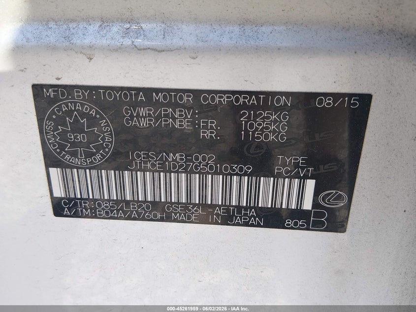 2016 Lexus Is VIN JTHCE1D27G5010309 IAAI salvage auction — FRONT END, Bill Of Sale (Washington), sold $2,200 on 2026-07-29 (photo 9)