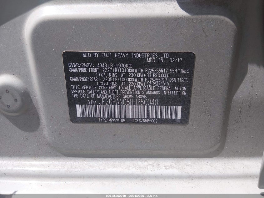 2017 Subaru VIN JF2GPANC8HH250040 IAAI salvage auction — LEFT REAR, Salvage Title, sold $6,475 on 2026-07-07 (photo 9)
