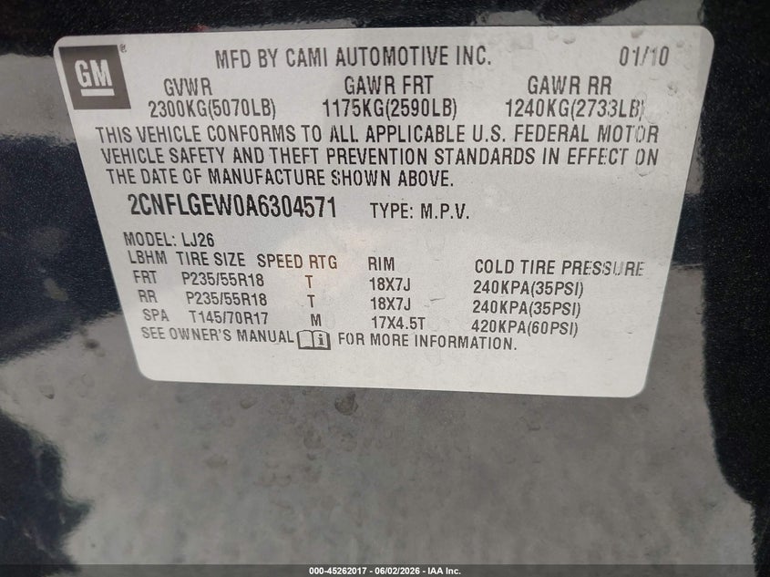 2010 Chevrolet Equinox VIN 2CNFLGEW0A6304571 IAAI salvage auction — LEFT SIDE, Salvage (California), sold $525 on 2026-07-09 (photo 9)