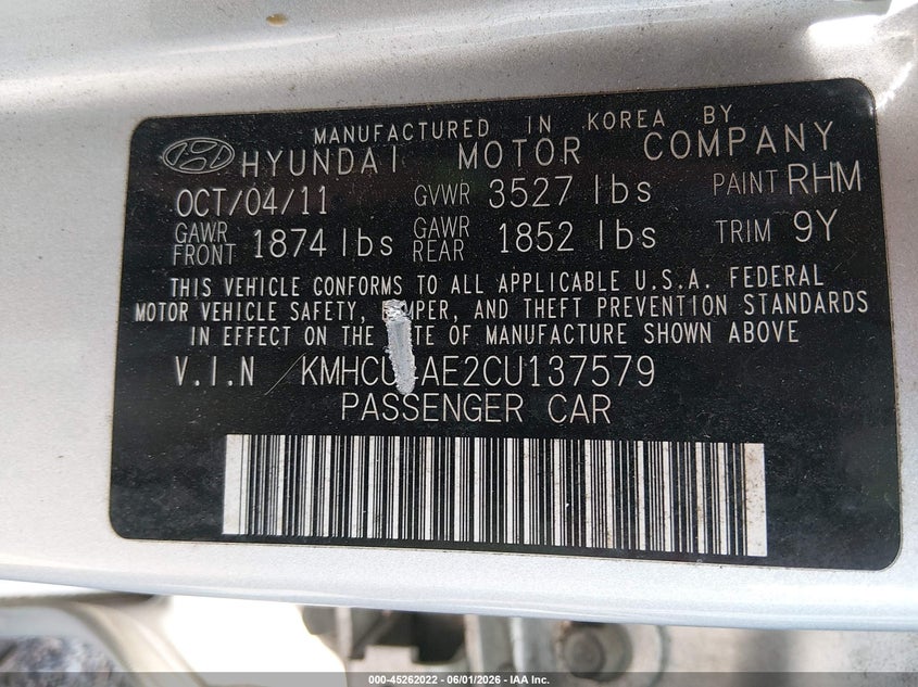2012 Hyundai Accent VIN KMHCU4AE2CU137579 IAAI salvage auction — NORMAL WEAR, Salvage (Nebraska), sold $800 on 2026-07-09 (photo 9)