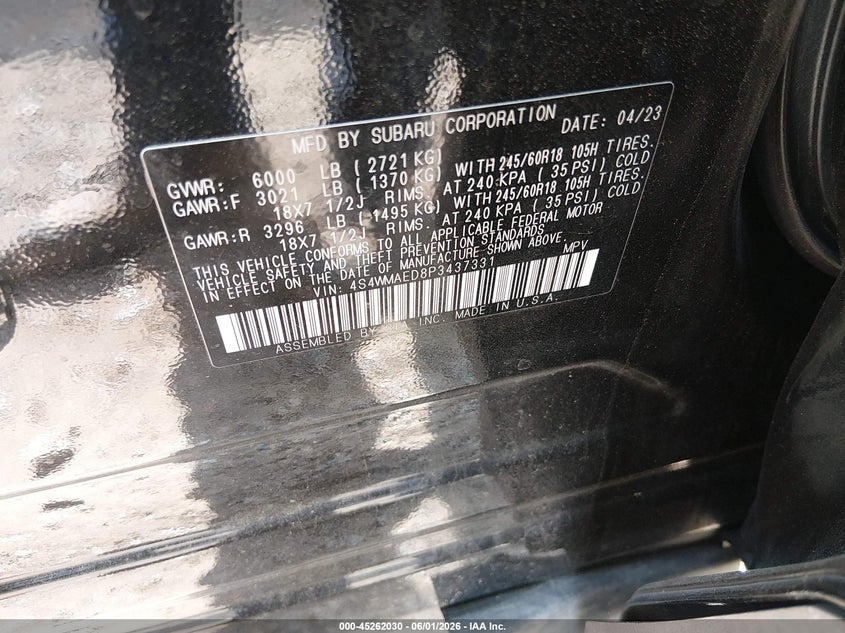 2023 Subaru Ascent VIN 4S4WMAED8P3437331 IAAI salvage auction — FRONT END, Salvage (North Carolina), sold $7,450 on 2026-07-30 (photo 9)