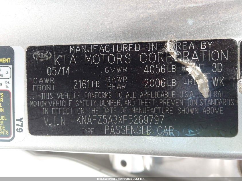 2015 Kia Forte VIN KNAFZ5A3XF5269797 IAAI salvage auction — NORMAL WEAR, Salvage Title, sold $625 on 2026-07-28 (photo 9)
