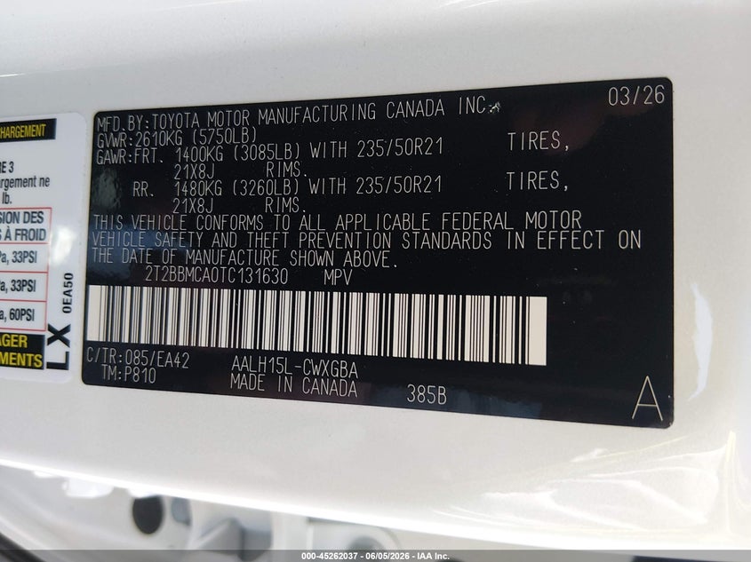 2026 Lexus Rx VIN 2T2BBMCA0TC131630 IAAI salvage auction — FRONT END, Salvage Title, sold $31,200 on 2026-07-20 (photo 9)