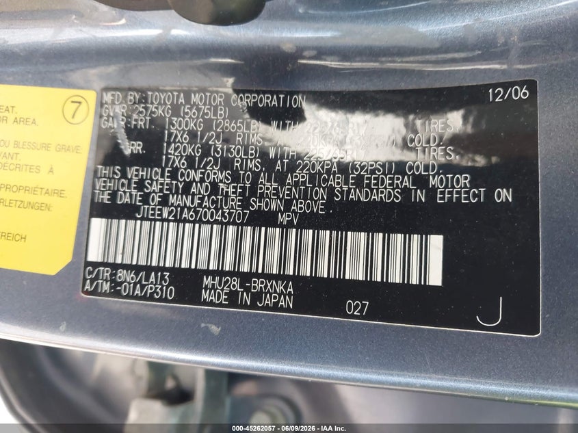 2007 Toyota Highlander hybrid VIN JTEEW21A670043707 IAAI salvage auction — FRONT END, Mv-907A (New York), sold $475 on 2026-07-07 (photo 9)