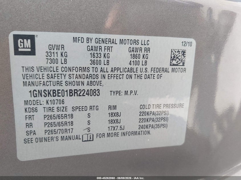 2011 Chevrolet Tahoe VIN 1GNSKBE01BR224083 IAAI salvage auction — FRONT END, Salvage (North Carolina), sold $850 on 2026-07-09 (photo 9)
