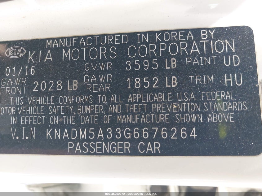 2016 Kia Rio VIN KNADM5A33G6676264 IAAI salvage auction — NORMAL WEAR, Salvage (California), sold $450 on 2026-07-08 (photo 9)
