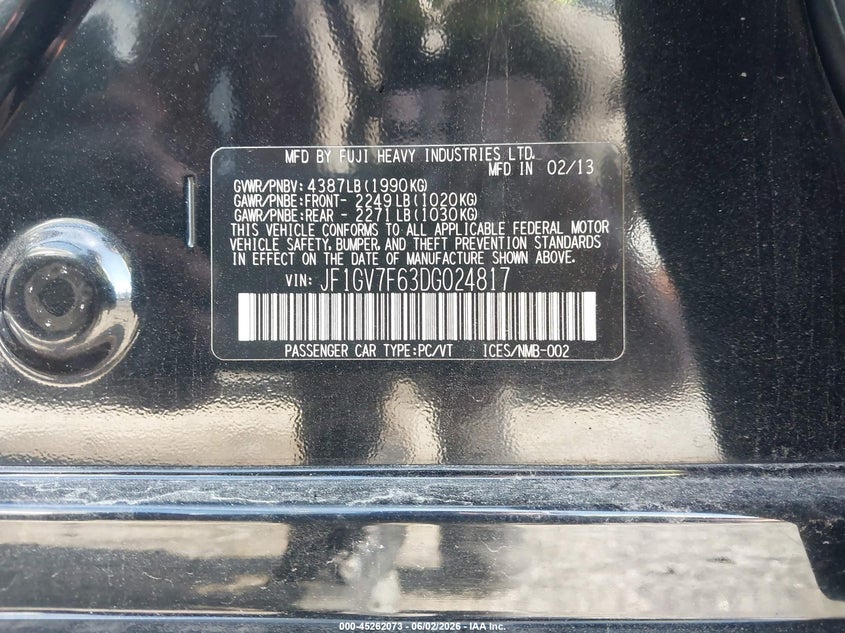 2013 Subaru Impreza wrx VIN JF1GV7F63DG024817 IAAI salvage auction — FRONT END, Salvage (Georgia), sold $300 on 2026-07-22 (photo 9)
